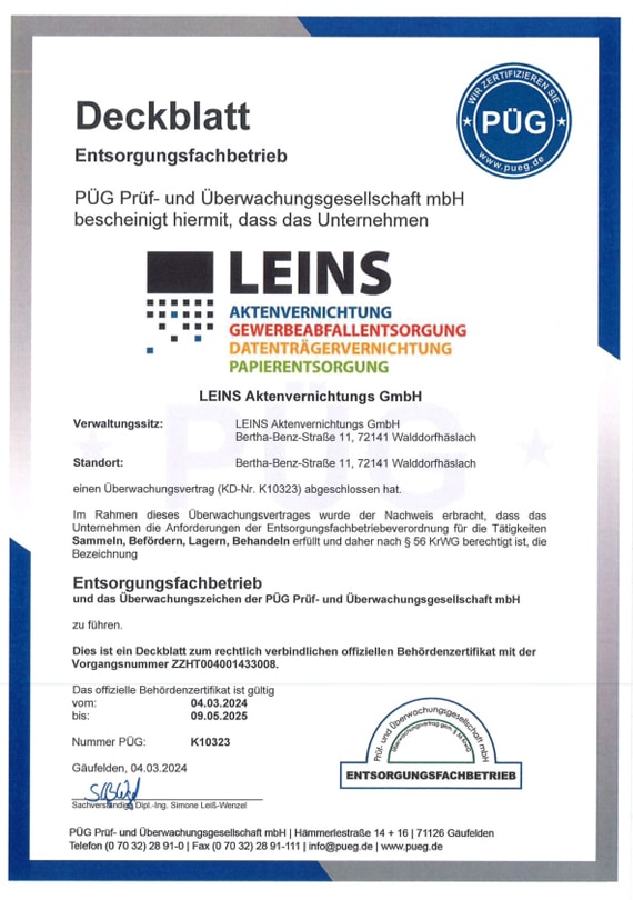 Leins Zertifikat Entsorgungsfachbetrieb