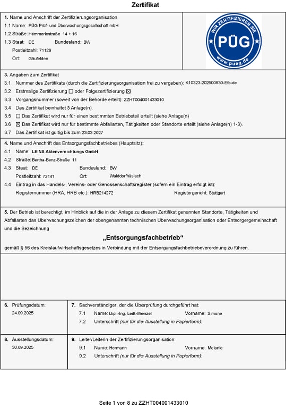 Leins Zertifikat Entsorgungsfachbetrieb