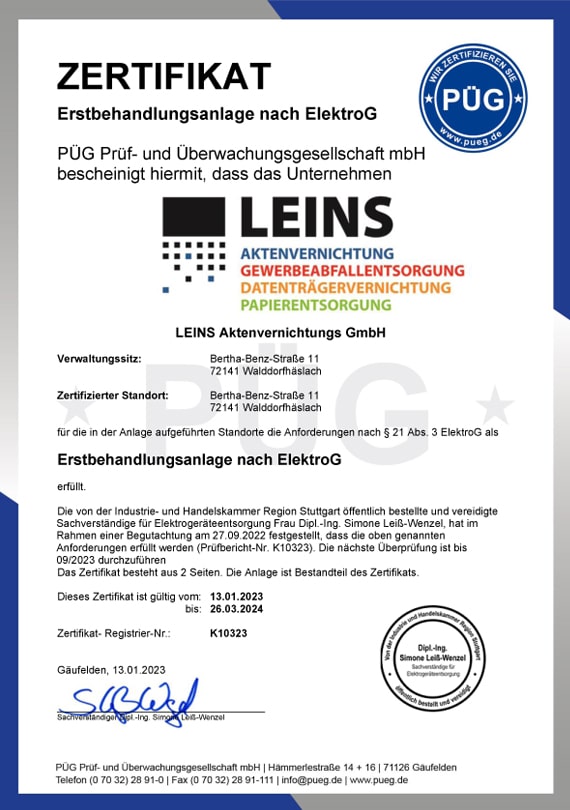 Leins Zertifikat Erstbehandlungsanlage ElektroG
