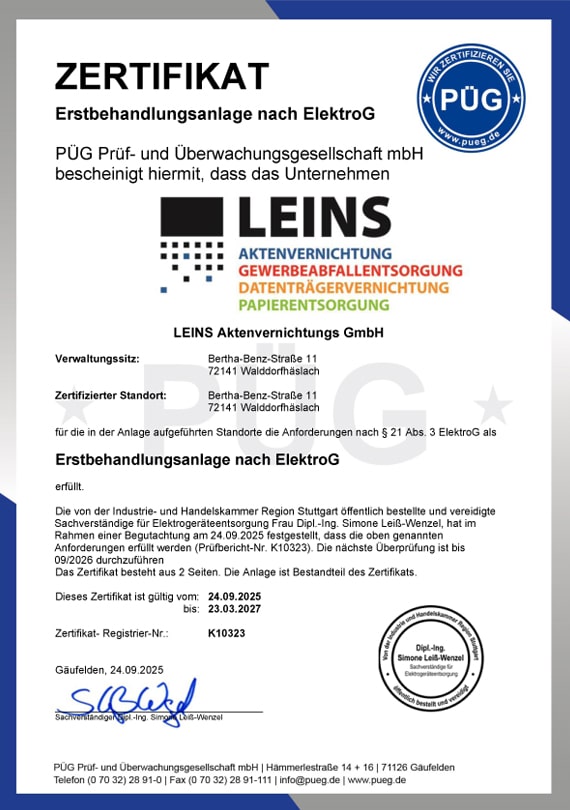 Leins Zertifikat Erstbehandlungsanlage ElektroG