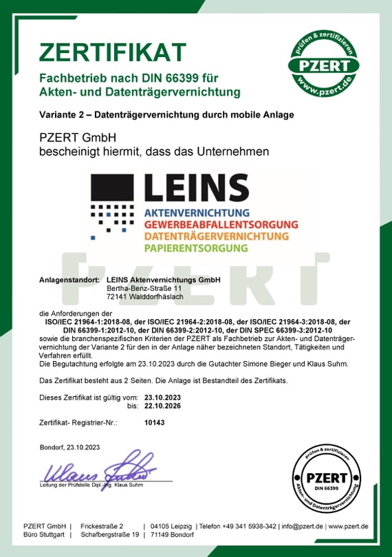 Leins Zertifikat Fachbetrieb nach DIN 66399 Akten- und Datenträgervernichtung | Vartiante 2 - Datenträgervernichtungn durch mobile Anlage