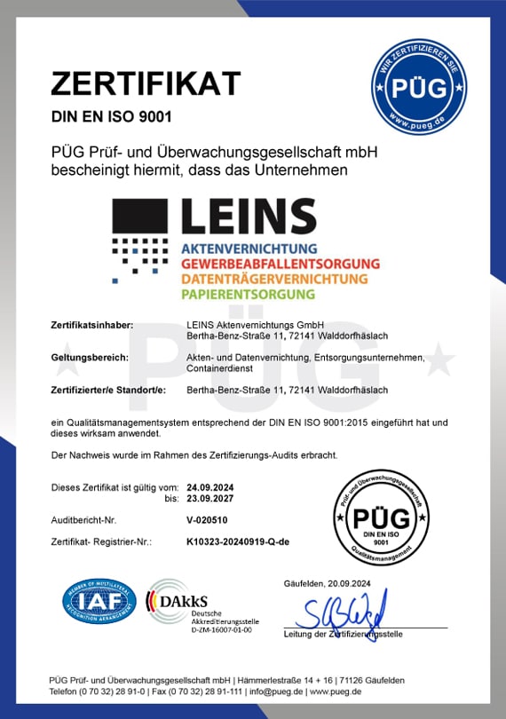Leins Zertifikat Qualitätsmanagement DIN EN ISO 9001