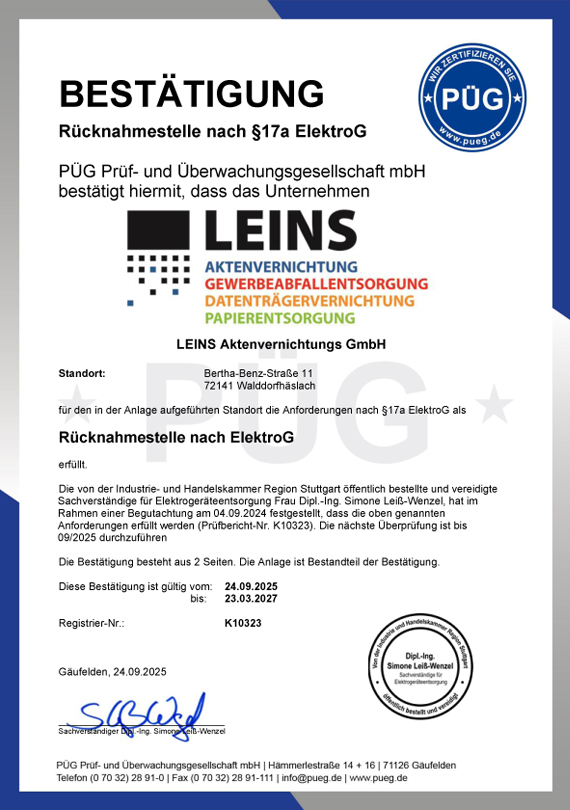 Zertifikat Leins Aktenvernichtung GmbH - Rücknahmestelle ElektroG